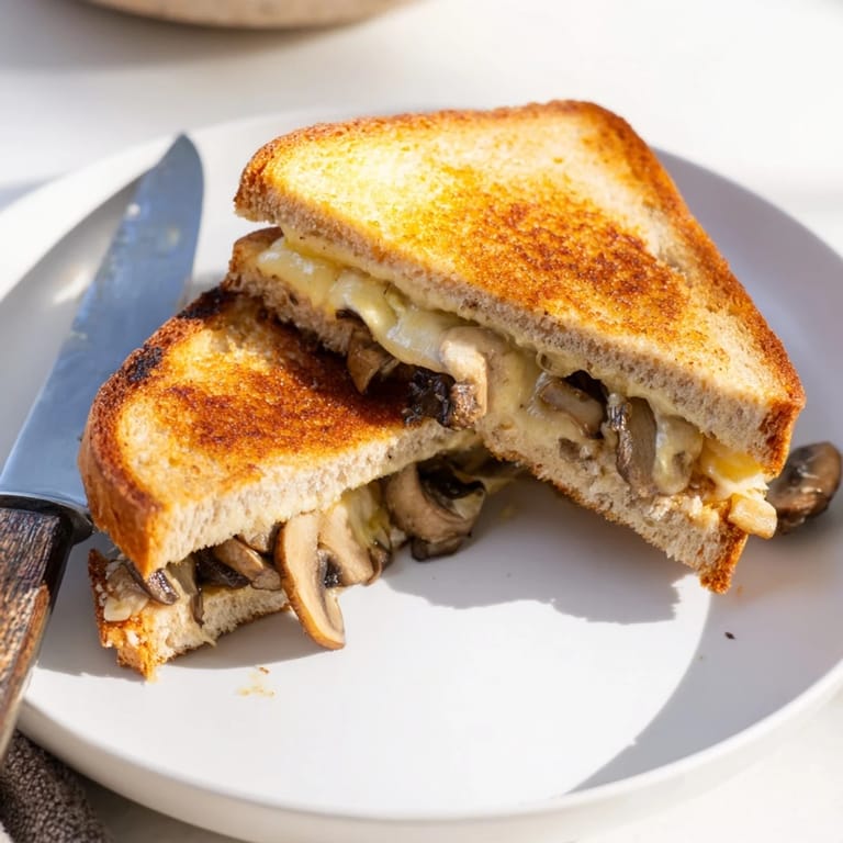 Mushroom Swiss Grilled Cheese resting on a white plate, served with a bowl of tomato soup.