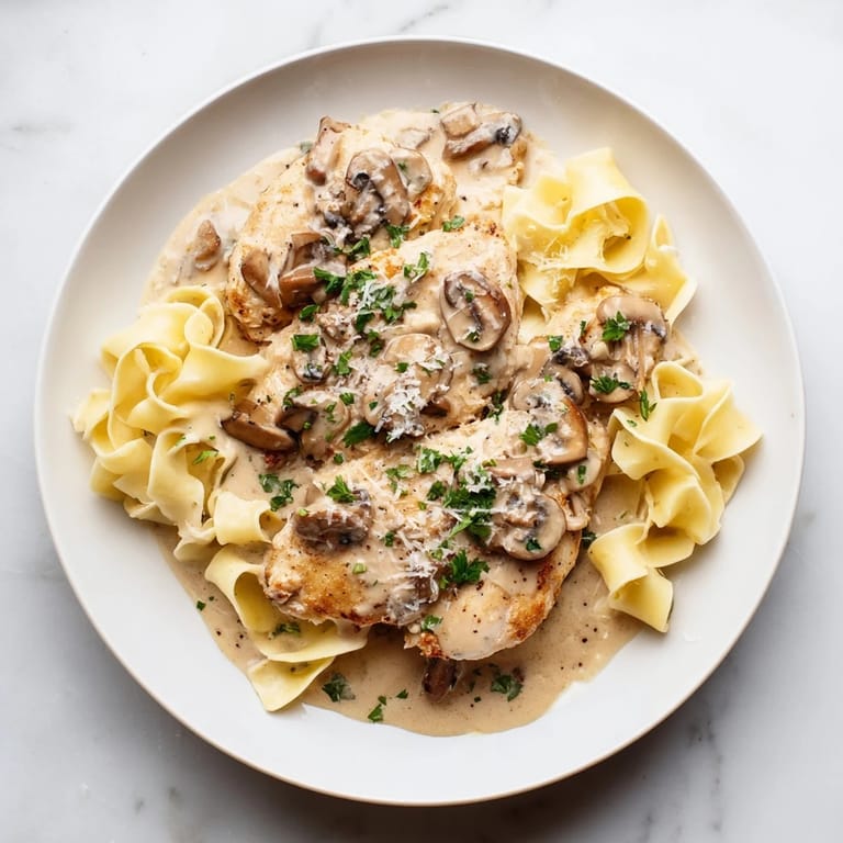 Pan-seared chicken for Creamy Chicken Marsala, simmered in a rich, wine-infused sauce with al dente fettuccine.