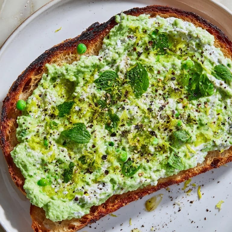 A vibrant open-faced Pea & Mint Ricotta Toast on rustic bread, garnished with fresh mint leaves and served alongside lemon wedges for squeezing.  