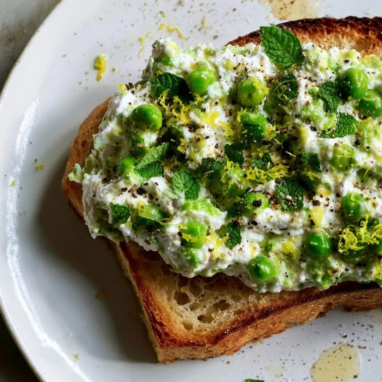 Whipped ricotta spread with sweet peas and mint on crunchy toast, ready for a fresh, light brunch with a dash of black pepper.