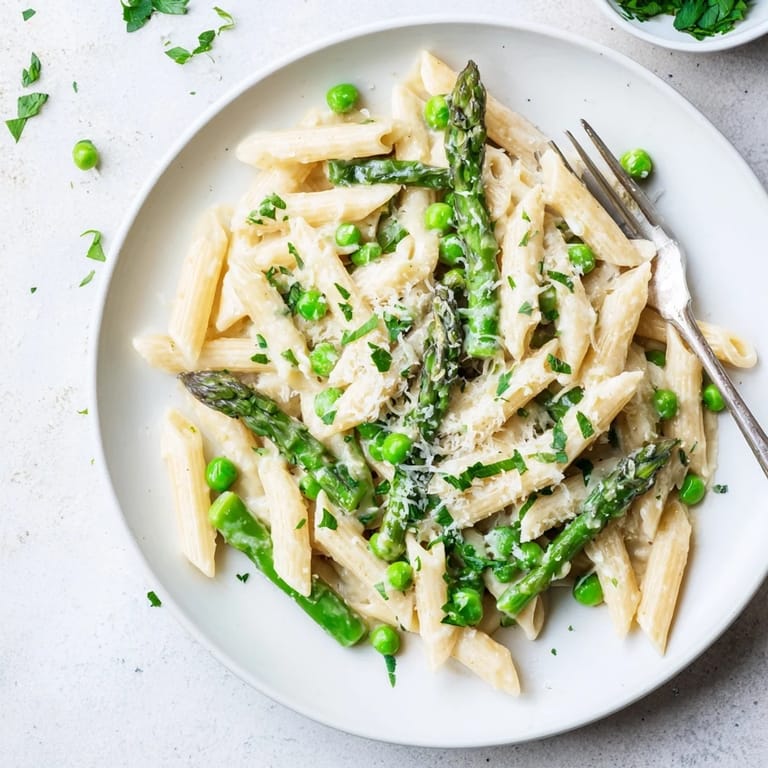 Fork twirling a bite of Garlic Parmesan Spring Vegetable Pasta, showcasing tender vegetables and a light, creamy garlic-parmesan sauce on a rustic wooden table.  