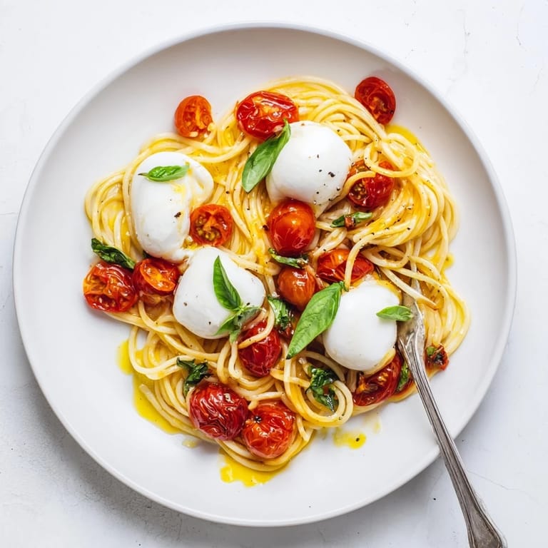 Close-up of Burrata Caprese Pasta on a white plate, showcasing torn burrata cheese melting into the warm pasta and tomatoes. 