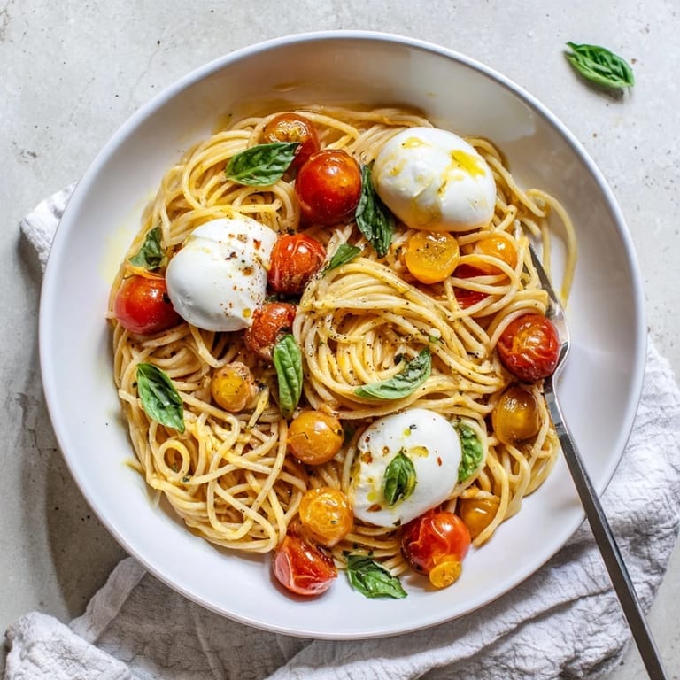 Vibrant serving of Burrata Caprese Pasta topped with fresh basil leaves, ready to be enjoyed as a vegetarian main dish.