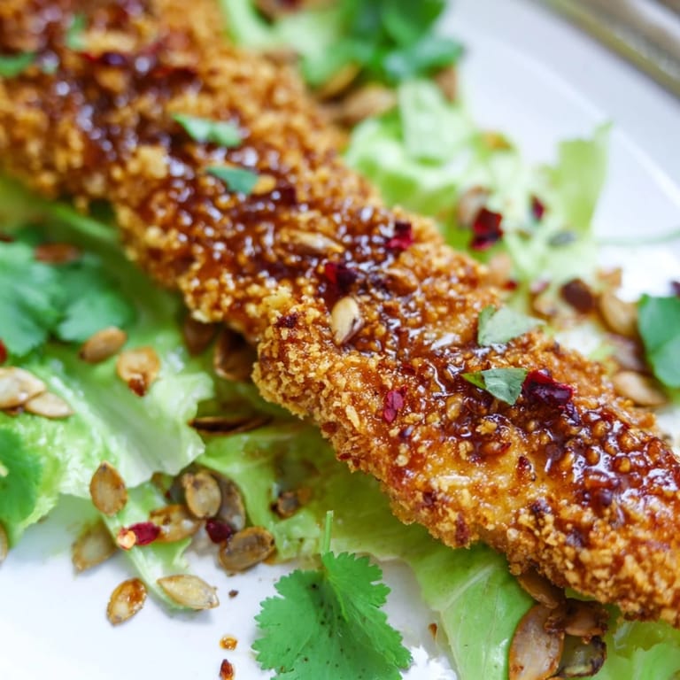 Crispy Hot Honey Chicken Salad features golden fried strips glazed with hot honey over a vibrant salad of romaine, tomatoes, and cucumbers.
