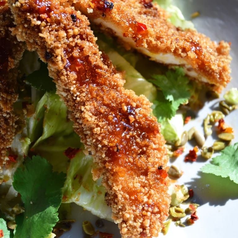 Warm Crispy Hot Honey Chicken Salad with crunchy panko chicken, tossed greens, and a drizzle of spicy-sweet hot honey.