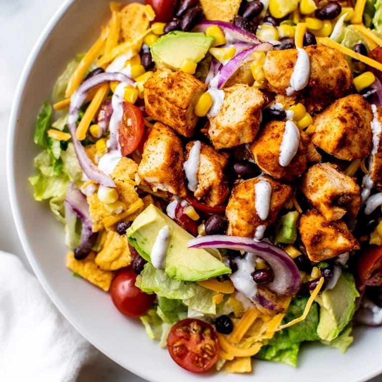 Serving suggestion for Chicken Taco Chopped Salad with crushed tortilla chips and a drizzle of salsa ranch dressing.