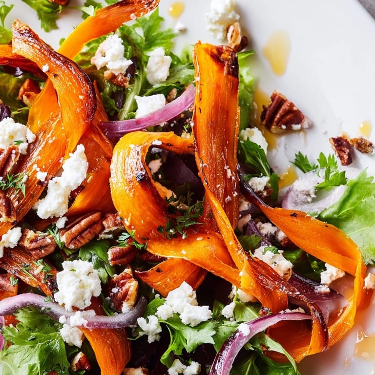 Golden, oven-roasted carrot ribbons layered over a colorful salad base, finished with a glossy honey-mustard dressing and fresh herbs.
