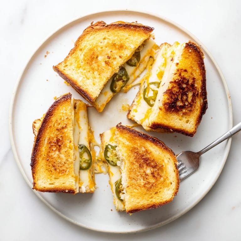 Close-up of a sliced Jalapeño Havarti Grilled Cheese, revealing melted cheese and fresh jalapeños, perfect with a side of tomato soup.
