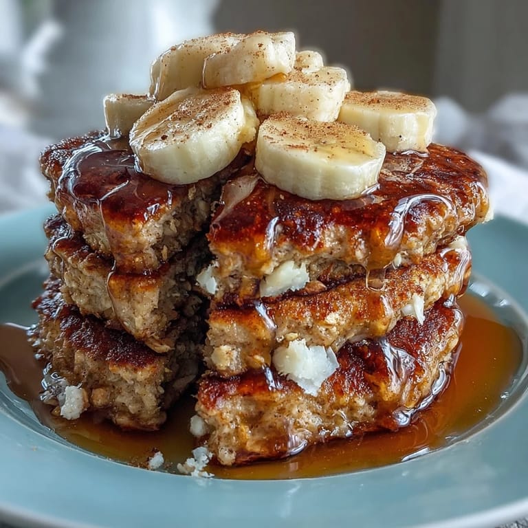 Wholesome Banana Oat Pancakes served with a drizzle of maple syrup.