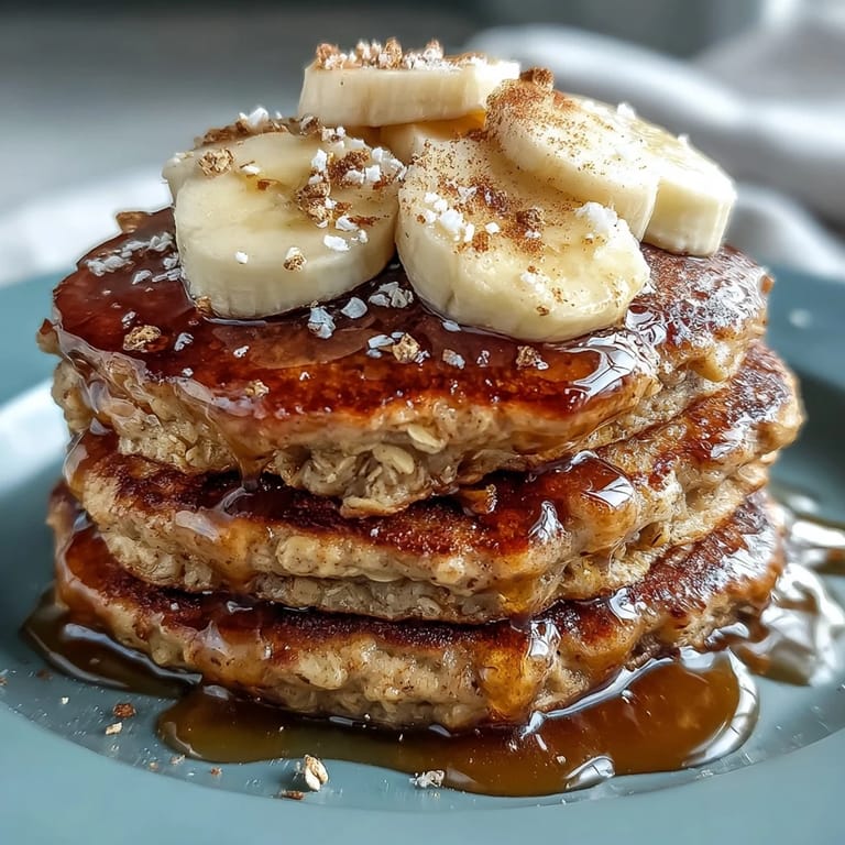 Fluffy Banana Oat Pancakes cooking on a griddle, ready to flip.