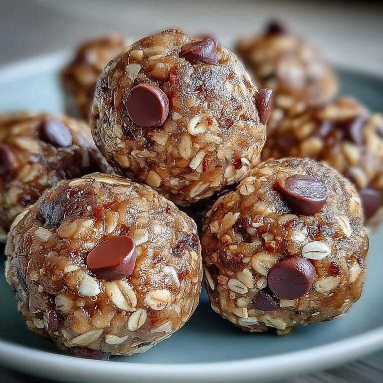 Sweet, mashed banana energy balls studded with melted chocolate chips.