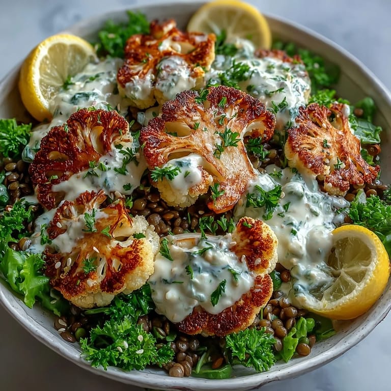 Roasted cauliflower drizzled generously with vibrant lemon lentils and nutty tahini yogurt.