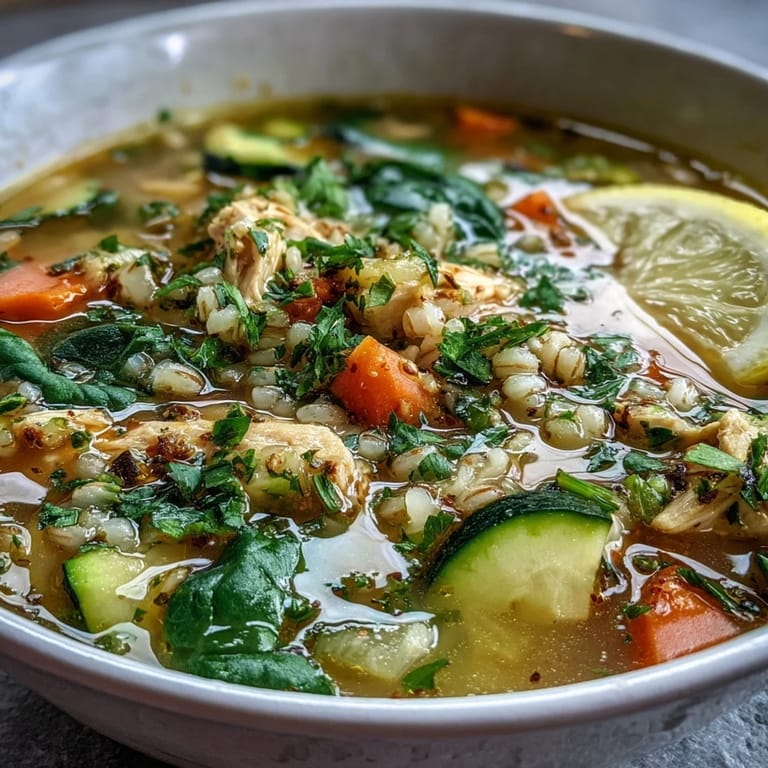 Hearty ingredients in this turmeric chicken with pearl barley soup, ready to be enjoyed.