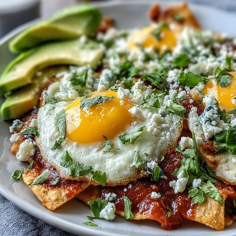 Crispy chilaquiles recipe photo, a hearty Mexican breakfast served with creamy avocado and cheese.