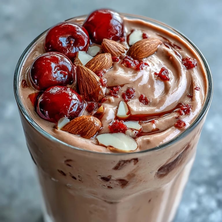 Luscious cherry almond smoothie, a healthy and refreshing American breakfast drink.