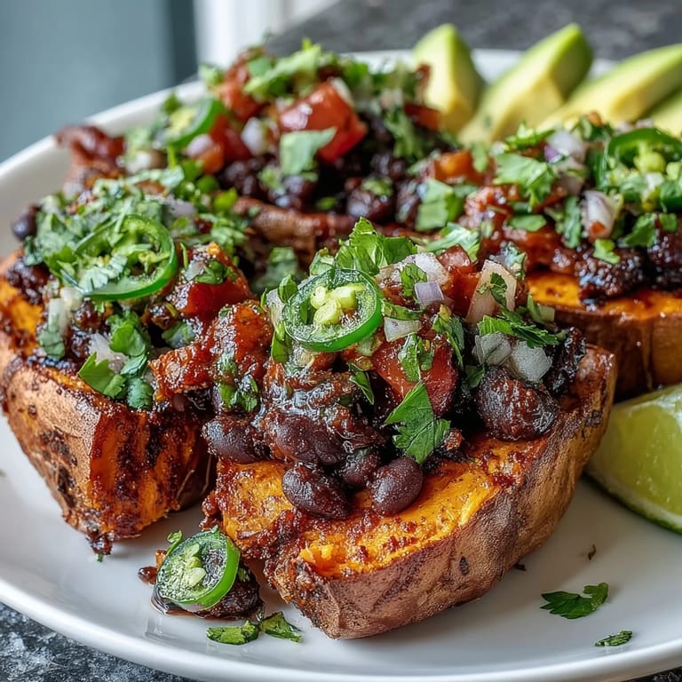 Hearty roasted sweet potatoes topped with vibrant chipotle black beans and fresh tomato salsa.