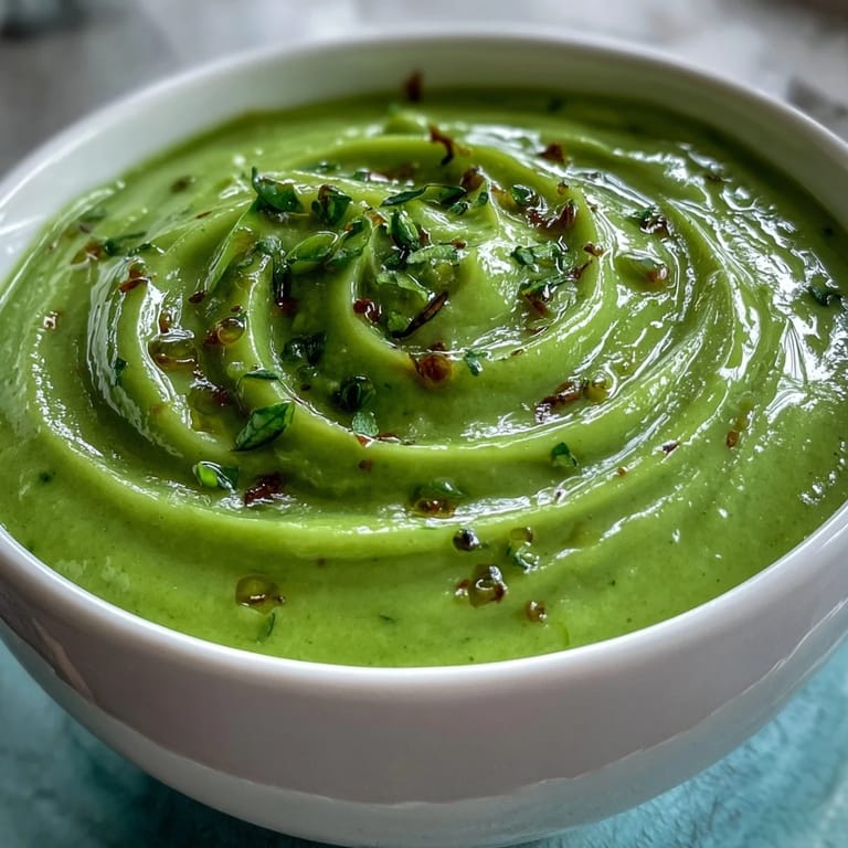 Bright green courgette, pea, and pesto soup ready to be enjoyed.