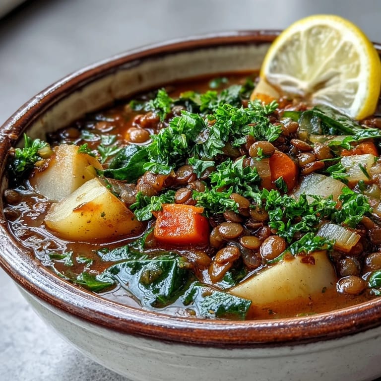 Steaming Vegetarian Lentil Stew simmering in a Dutch oven, featuring tender lentils, carrots, and potatoes for a comforting vegan dinner.