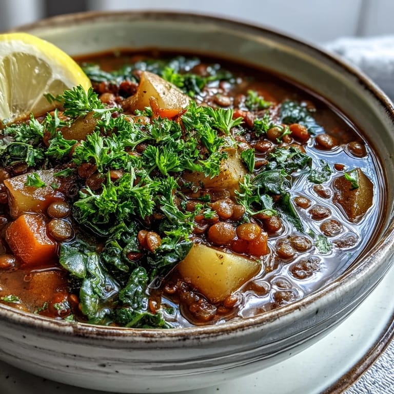 Vibrant Vegetarian Lentil Stew packed with kale and red bell peppers, served alongside crusty artisan bread for a nourishing family meal.