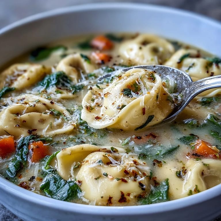 Close-up photo showing tender cheese tortellini and vibrant carrots in a creamy Easy Tortellini Soup With Chicken Broth, served steaming in a rustic bowl.