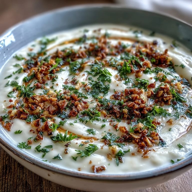 Golden celeriac soup topped with crunchy hazelnut crumble and fresh parsley garnish.