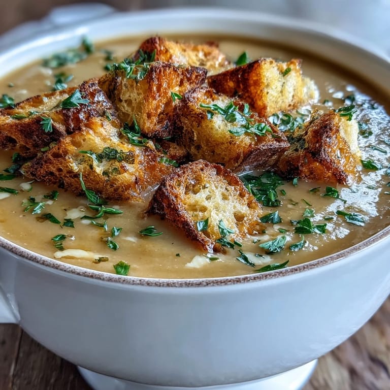 A comforting bowl of roasted garlic soup topped with croutons, olive oil, and fresh herbs.