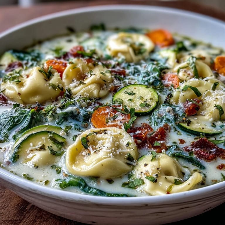 A comforting bowl of Creamy Vegetable Tortellini Soup topped with fresh parsley and Parmesan, paired with crusty artisan bread.