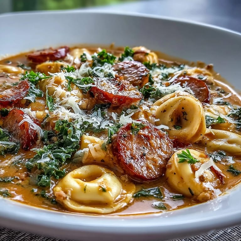 Hearty Pumpkin Tortellini Soup featuring savory chicken sausage and tender kale, ladled into a white bowl ready to enjoy.