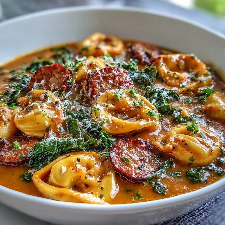 A cozy bowl of Pumpkin Tortellini Soup with sliced chicken sausage and bright kale, garnished with parsley and fresh Parmesan.