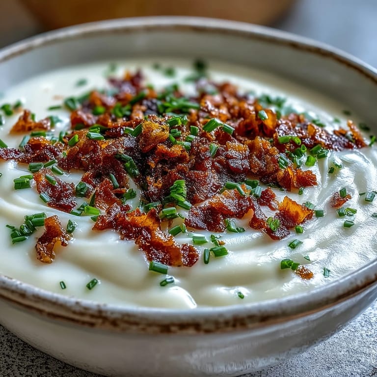 A white bowl filled with velvety Creamy Celeriac Soup with Crispy Bacon, steam rising and bacon on top.