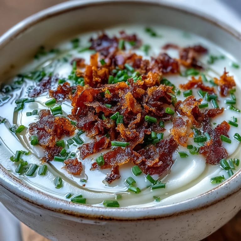 Top-down view of Creamy Celeriac Soup with Crispy Bacon, garnished with fresh chives and golden bacon crumbles.