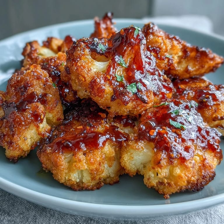 Savory Crunchy Baked Hot Honey Cauliflower florets arranged on a platter with fresh herbs and ranch dip.
