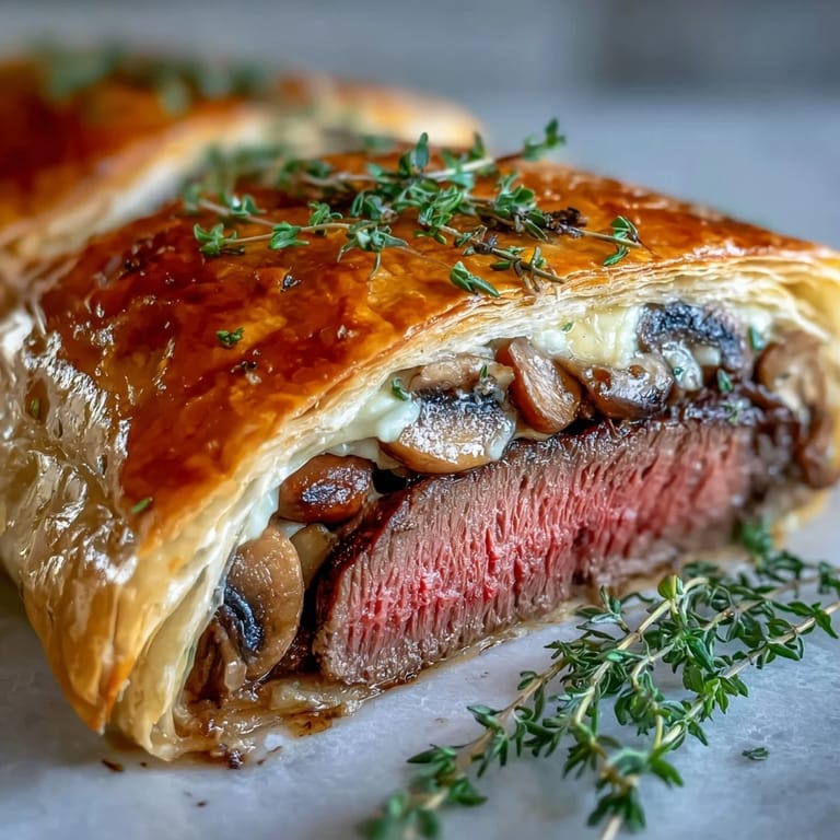 A plated slice of Beef Wellington beside a glass of red wine and green herbs, perfect for a special holiday dinner.