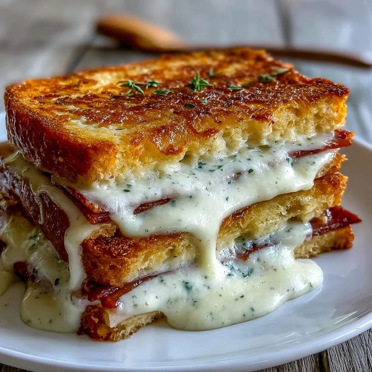 Slices of decadent Croque Monsieur Casserole served on a plate with a fresh green side salad.