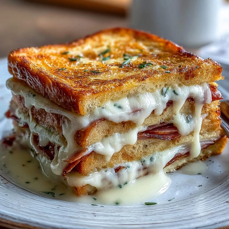 Buttery bread and ham layered in a baking dish for a classic French Croque Monsieur Casserole.
