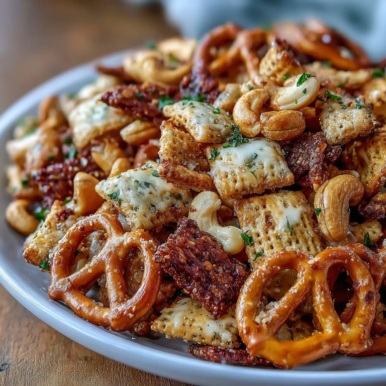 Freshly baked Everything Ranch Cheese and Pretzel Snack Mix served in a rustic bowl for game day.
