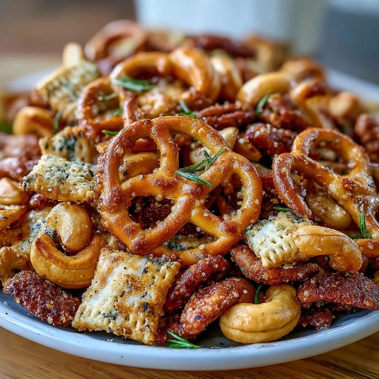 A close-up of Everything Ranch Cheese and Pretzel Snack Mix featuring pretzels, crackers, cashews, and rye chips.
