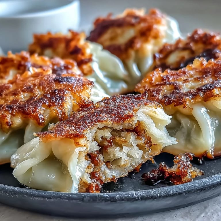 Smash dumplings sizzling in a pan, steam rising from the savory, soy-sesame pork filling.