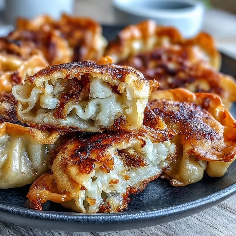 Freshly plated smash dumplings garnished with scallions, paired with a spicy chili-soy dipping sauce.