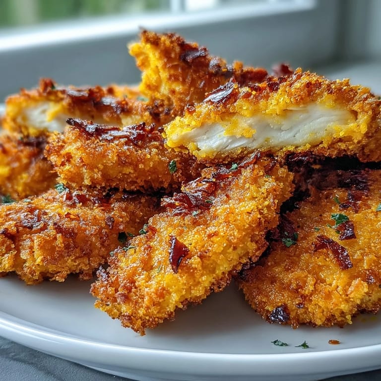 Crispy Turmeric Chicken Tenders served with sweet chili sauce and fresh herbs on a platter.
