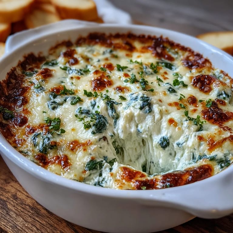 Hot Spinach Artichoke Dip fresh from the oven, golden and bubbly, with a wooden spoon serving a cheesy scoop. Perfect party appetizer.