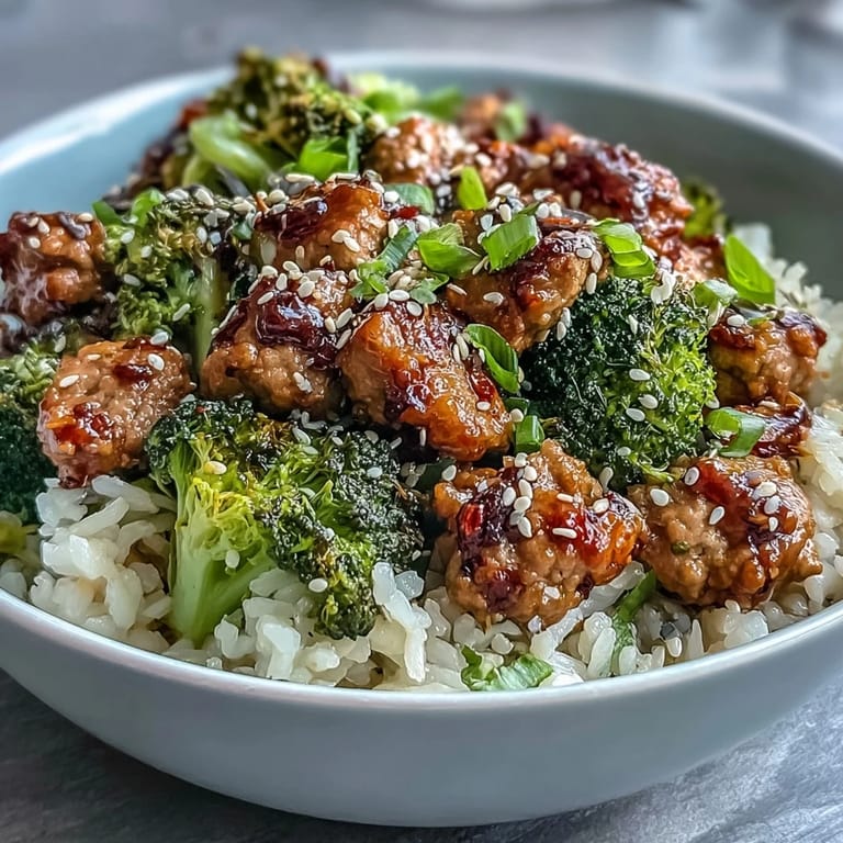 A close-up of sweet and spicy turkey broccoli bowls, the glossy sauce coating tender turkey and bright green broccoli florets over fluffy rice.