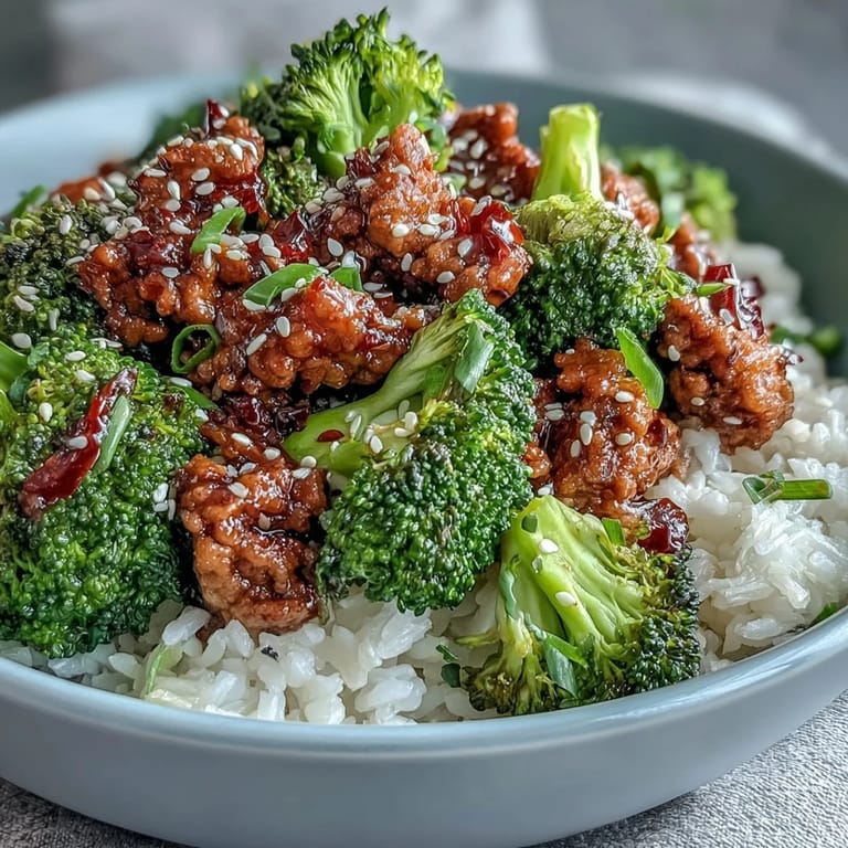 Healthy sweet and spicy turkey broccoli bowls served as a colorful dinner, with steamed broccoli and sesame seeds on nutty brown rice.