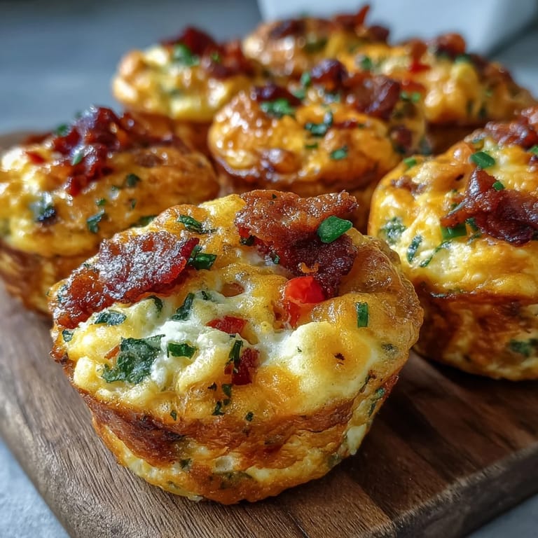 A close-up of a savory Breakfast Egg Muffin, revealing fluffy eggs, diced bell peppers, and onions, ideal for a healthy, protein-packed morning meal.