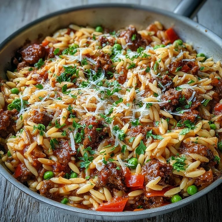 Weeknight-friendly Comforting Ground Beef Orzo Dinner plated, showing juicy tomatoes, herbs, and a sprinkle of Parmesan for an easy, satisfying family meal.
