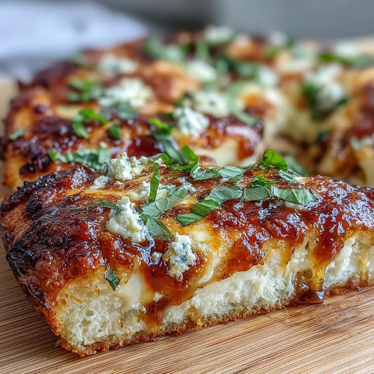 Slices of Hot Honey Ricotta Pizza on a wooden board with creamy ricotta and mozzarella.