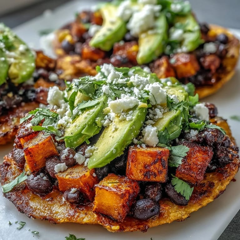 Golden, caramelized sweet potatoes and creamy avocado slices on a vibrant Mexican-inspired lunch tostada
