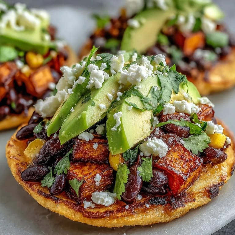 Fresh cilantro and crumbled feta garnish these easy, vegetarian Black Bean and Sweet Potato Tostadas