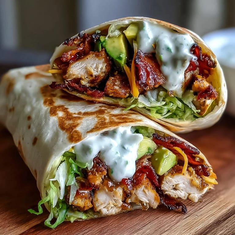 Crispy Chicken Bacon Wrap sliced in half, revealing melted cheddar and creamy sauce inside.