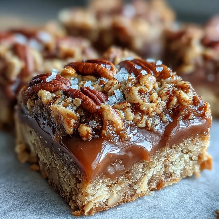 Freshly baked Decadent Sweet and Chewy Turtle Bars served warm with a glass of cold milk.
